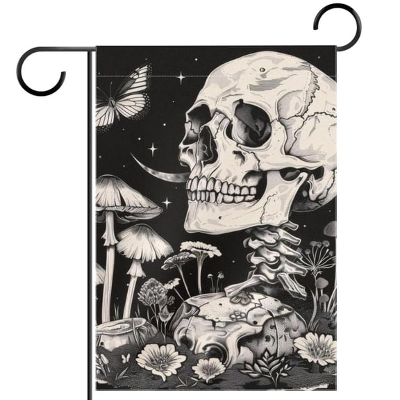 Skull Moon Mushroom Butterfly Plants Gothic Pattern Double Sided Garden Flag Decorative Weather Resistant Yard Flag, Large DIY Vertical Flag for Farmhouse Patio Lawn, 28x40 Inch