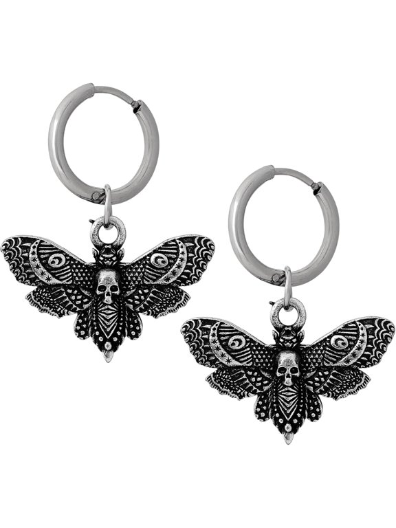 Skull Moth Earrings for Women Men, Antique Silver Zinc Alloy Drop Hoop Earrings, Gothic Memento Mori Jewelry Gift