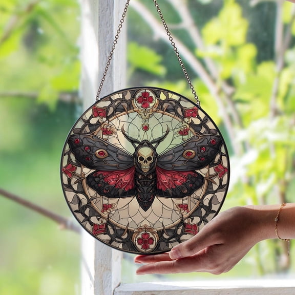 Skull Moth Glass Suncatcher, Gothic Death Head Moth Art, Spooky Insect Decor, 3.5 in