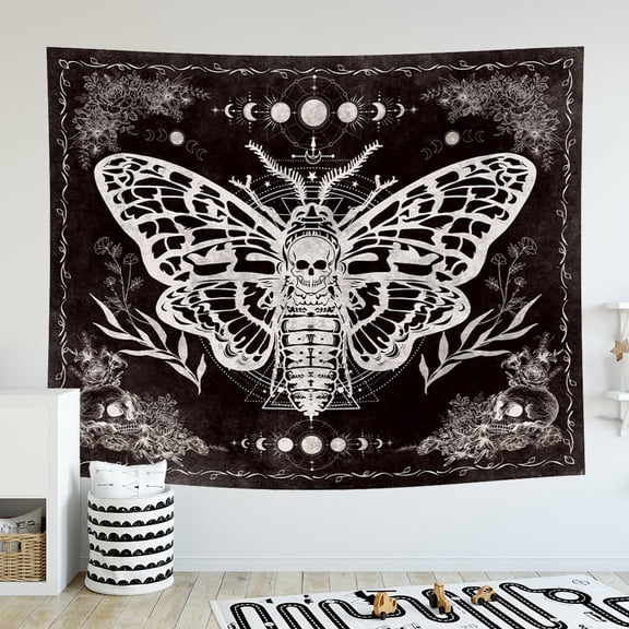 Skull Moth Tapestry Vintage Wall Art 59Wx51H Inch Moon Phase Witchy Boho Flowers Leaf Plants Goth Skeleton Aesthetic Black and White Wall Hanging Bedroom Living Room Dorm Decor Fabric