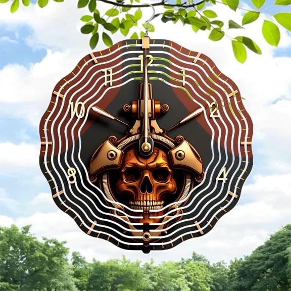 Skull Motif Metal Wind Spinner & Chime - Intricate Circular Wave Patterns for Unique Yard & Garden Decor