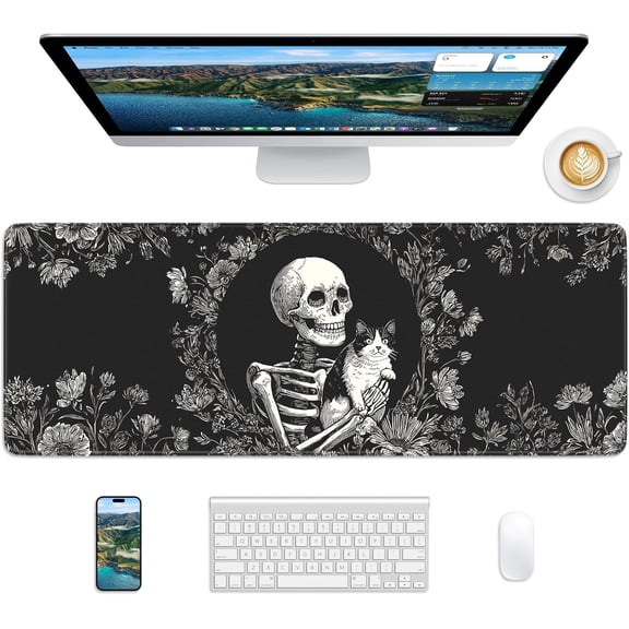 Skull Mouse Pad, 31.5 x 11.8 Large Desk Mat with Stitched Edges & Non-Slip Base, Mousepad for Office, Home, Work, Skull Cat