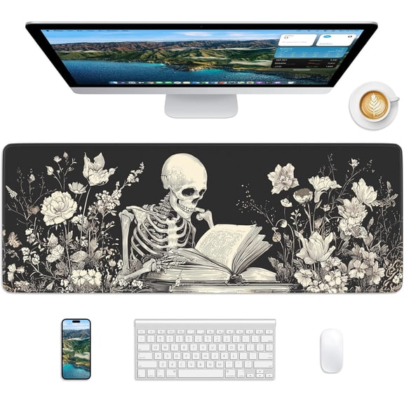 Skull Mouse Pad, 31.5 x 11.8 Large Desk Mat with Stitched Edges & Non-Slip Base, Mousepad for Office, Home, Work, White Skull
