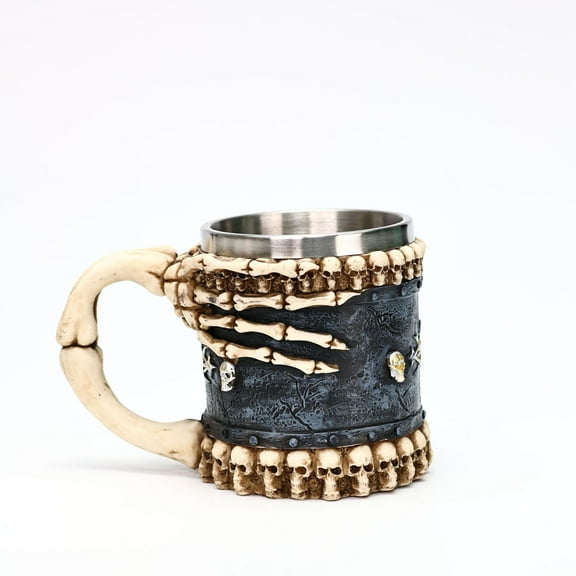 Skull Mug Cup, Halloween Skeleton Drinking Cup, Resin + Stainless Steel Coffee Mug Barrel Tea Cup, Halloween Decoration for Home Bar - 15 OZ