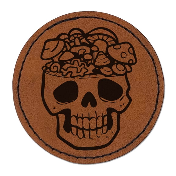 Skull Mushroom Brain Horror Fungus Bones Round Iron-On Engraved Faux Leather Patch Applique - 2.5 Inch - Brown