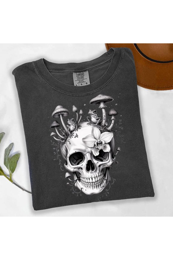 Skull Mushroom Frog Shirt Gothic Botanical Tee Unisex Full Size S-5XL