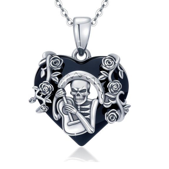 Skull Necklace 925 Sterling Silver Guitar Necklace Heart Crystal Pendant Skeleton Jewelry Day of the Dead Gifts for Men