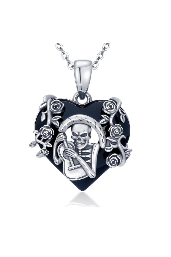 Skull Necklace 925 Sterling Silver Guitar Necklace Heart Crystal Pendant Skeleton Jewelry Day of the Dead Gifts for Men