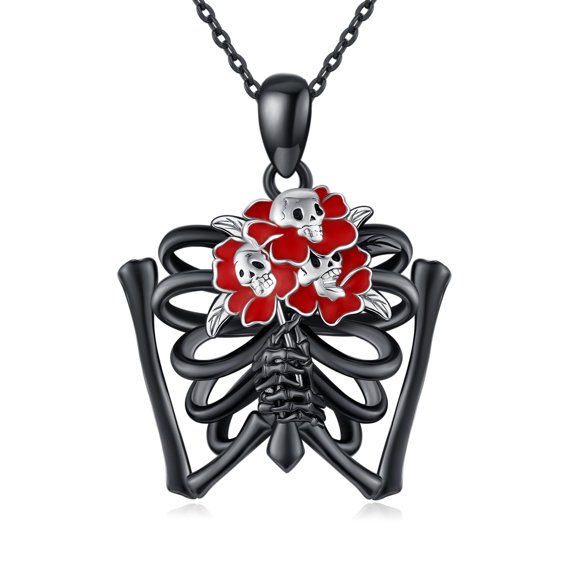 Skull Necklace 925 Sterling Silver Rose Skull Pendant Gothic Skeleton Necklace Goth jewelry Gift for Women