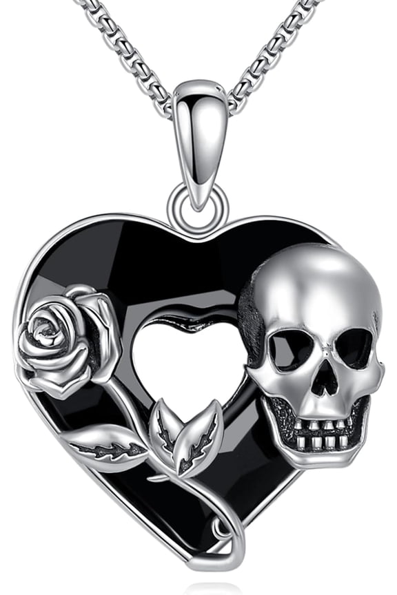 Skull Necklace 925 Sterling Silver Skeleton Heart Black Crystal Pendant Necklace Gothic Jewelry Halloween Gifts for Women Men