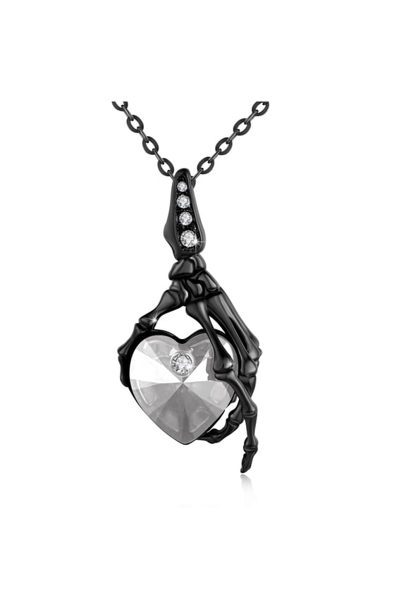Skull Necklace 925 Sterling Silver Skeleton Skull Hand Pendant Necklace with Heart Crystal Gothic Punk Skeleton Jewelry Gifts for Women Christmas Halloween Birthday (White)