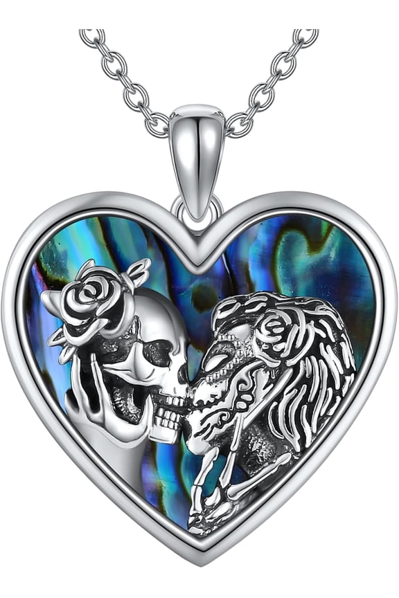 Skull Necklace Sterling Silver Heart Skeleton Necklace Abalone Goth Skull Jewelry Gifts for Women Men Halloween