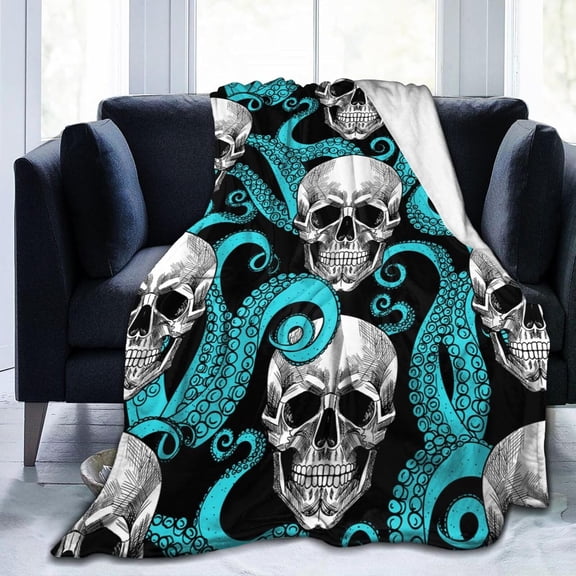 Skull Octopus Cool Blanket, Soft Blankets Flannel Bed Throw Cozy Lightweight Plush Gifts for Women Men Boys Girls Sofa Couch Bedroom Living Rooms Warm All Season, Home Decor, 80"x60"