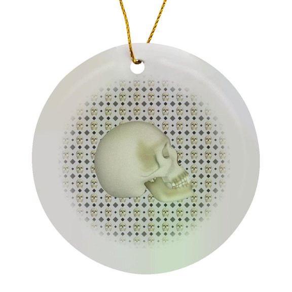3drose, Skull on Pattern of Skulls and Diamond Design, Gray, Cream, Off White, Circle Porcelain Ornament