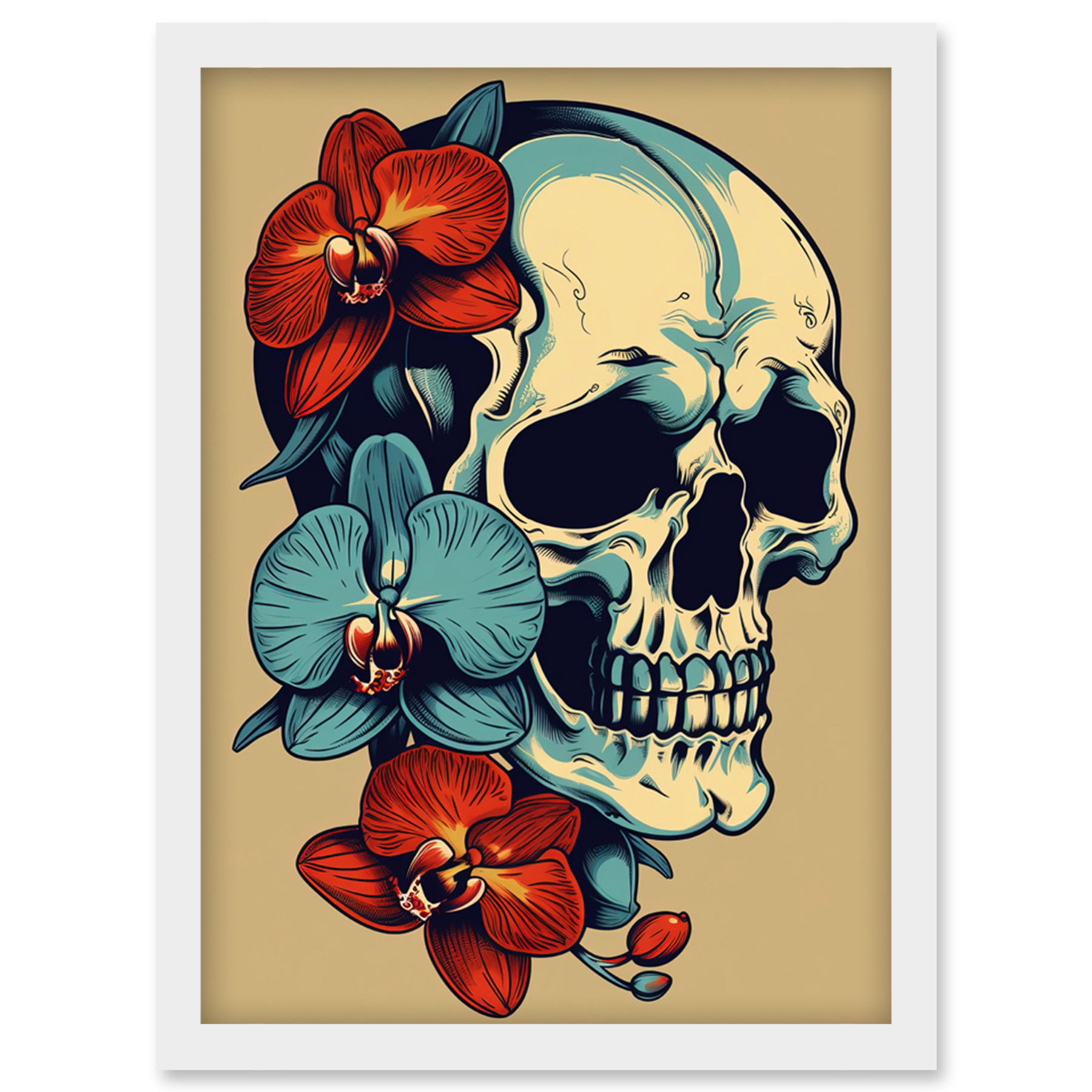 Skull Orchid Flower Blooms Tattoo Ink Body Art Rockabilly