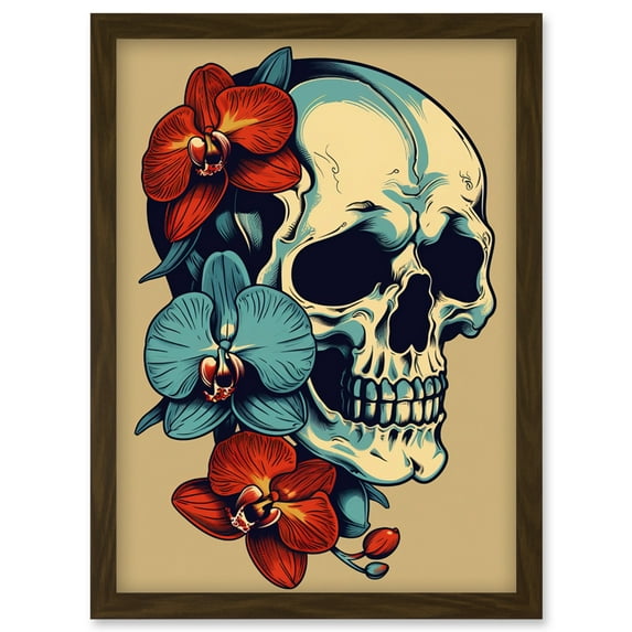 Skull Orchid Flower Blooms Tattoo Ink Body Art Rockabilly Americana 50s Artwork Framed Wall Art Print A4