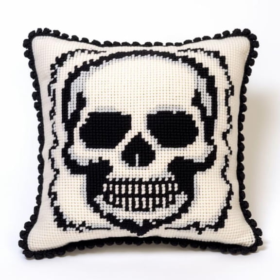 Skull Outline Latch Hook Kits Pillow DIY Rug Crochet Hook Cushion Making Kits with Preprinted Pattern Canvas Instruction Yarns Easy Starter Christmas Decoration Hooking DIY Kits 43x43cm(d5)