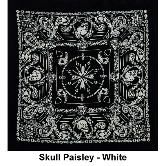 Skull Paisley - White Design Print Cotton Bandana (22 inches x 22 inches)