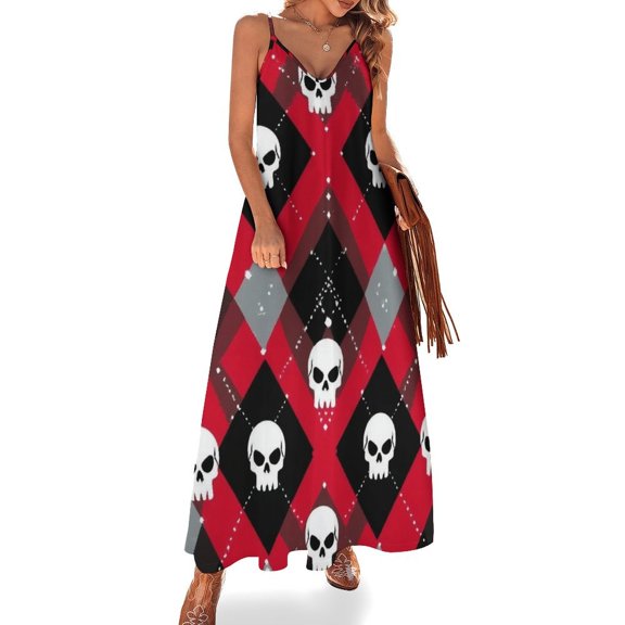 Skull Pattern Argyle Background Sleeveless Suspender Dress Summer Fashion Casual Long Dress