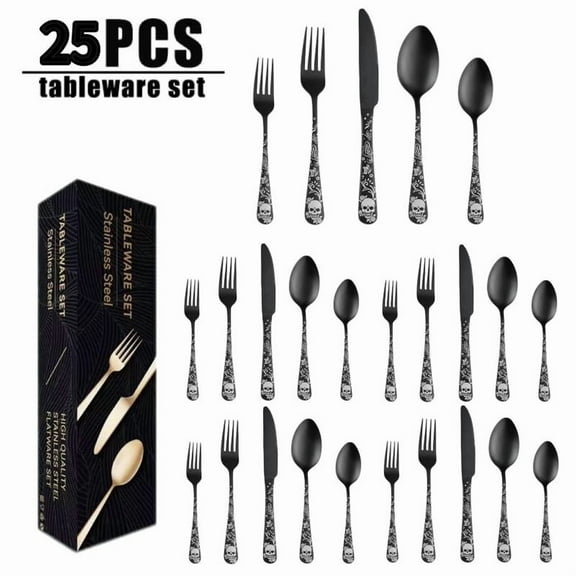 Skull Pattern Stainless Steel Cutlery Set, 25pcs/set Dinnerware Sets Including Knife & Fork & Spoon, Creative Tableware Set for Home Kitchen Dining Room