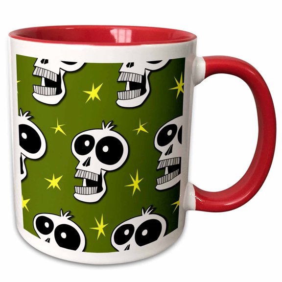3drose, Skull Pattern Toon Skull 2a on Olive, 11oz Two-tone Red Mug