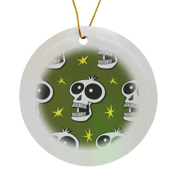 3drose, Skull Pattern Toon Skull 2a on Olive, Circle Porcelain Ornament