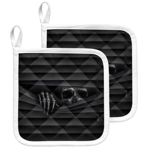 Skull Peeking Halloween Pot Holders for Kitchen Heatproof Potholder, 2 Pack Horror Window Blinds Hot Pads Multipurpose Oven Pads Terry Cloth Potholders Trivet for Cooking and Baking