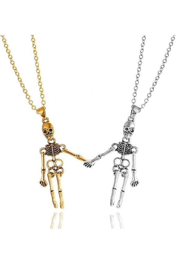 Skull Pendant Necklace For Women Men Punk Retro Gothic Magnetic Couple Ghost Holding Hands Matching Necklaces Set Vintage Hip Hop BFF Friendship Halloween Jewelry Gifts