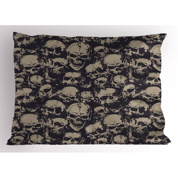Skull Pillow Sham Grunge Scary Skulls Sketchy Graveyard Death Evil Face Horror Theme Design, Decorative Standard King Size Printed Pillowcase, 36 X 20 Inches, Dark Brown Tan, by Ambesonne