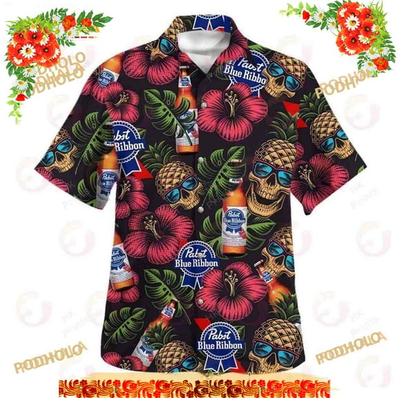 Skull Pineapple Hibiscus Flower Palm Leaves Pabst Blue Ribbon Beer Funny Hawaiian Shirt