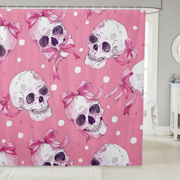 Skull Pink Bow Geometric Dots Waterproof Shower Curtain, Halloween Design