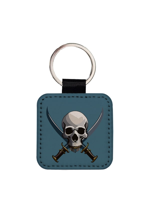 Skull Pirate Crossed Swords Faux Leather Square Keychain