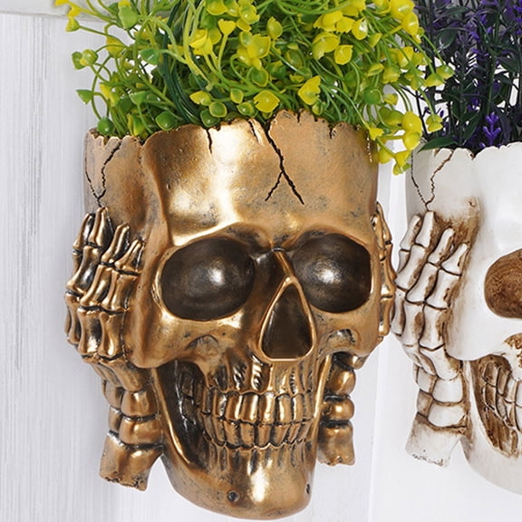 Skull Planter Pot, Golden Gothic Skeleton Decor For Home Desk Patio Office, Halloween Party Prop Unique Goth Plant Holder