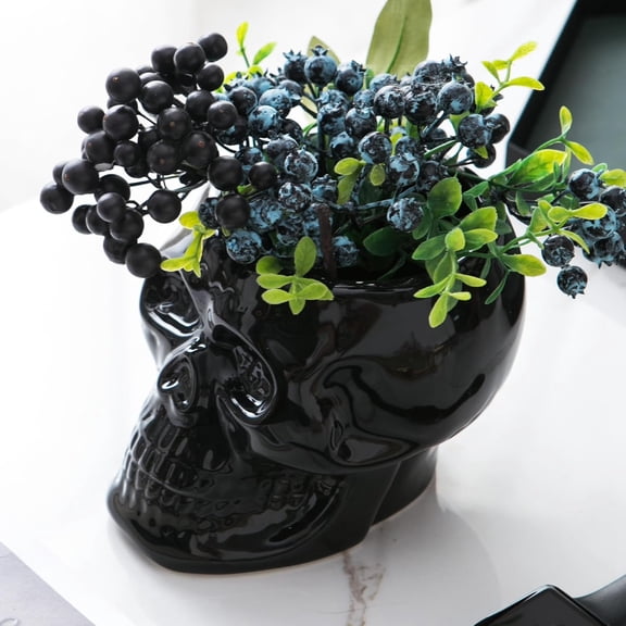 Skull Planter Pots, Skeleton Vase for Succulent, , Gothic Centerpiece for Table, Punk Decor and Accessories, Halloween and Day of The Decorations - Black