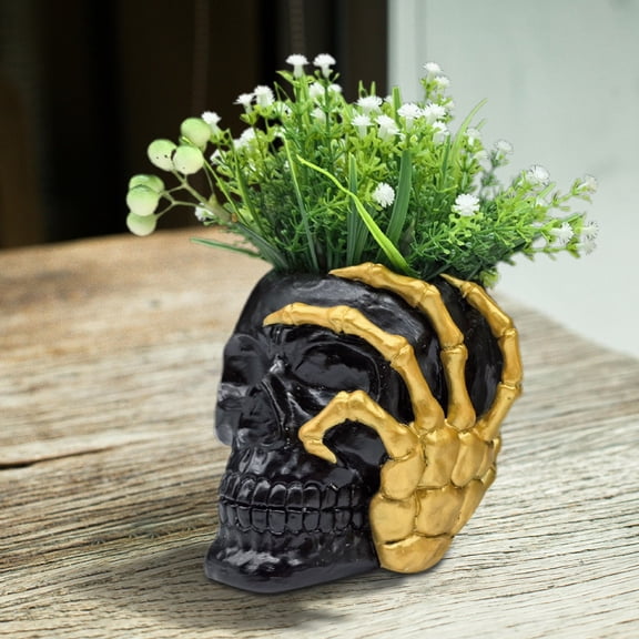 Skull Planter Resin Skull Head Flower Pot, Spooky Gothic Decoration for Tabletop Home Office Desk, Succulent Pot for Halloween Decor Display (Black)