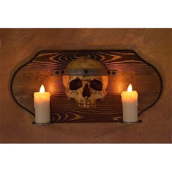 Skull Plaque Wood Sconce with Two Votive Flameless Candles