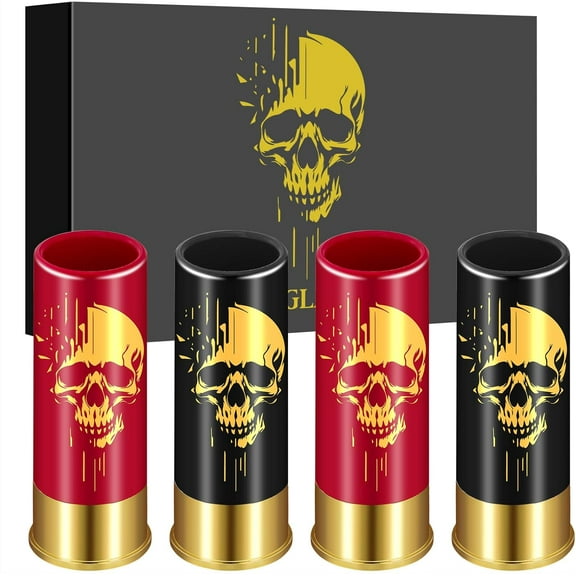 Skull Plastic Shot Glasses Bulk Set of 4 with Gift Box for Men Women Gothic Fans Wedding Party Birthday Christmas Father's Day Gifts, 12GA Small Bullet Shot Cups for Whiskey Tequila Vodka Liquor