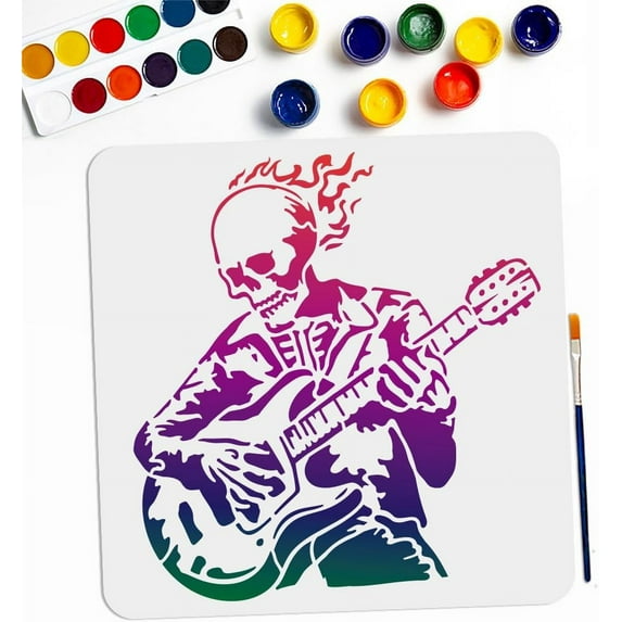 Skull Play The Guitar Stencil 11.8×11.8inch Large Skull Music Rock Stencil Reusable Skeleton Electric Guitars Drawing Template with Paint Brush for Art Crafts Canvas Furniture Wall Wood DIY
