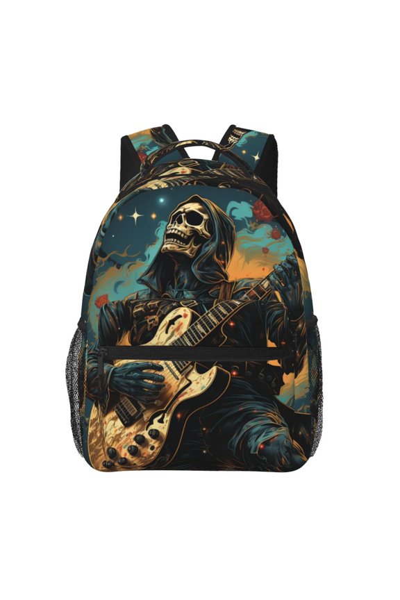 Skull Playing Guitar Heavy Metal Rock Skeleton Backpack Casual College Bag Zipper Laptop Daypack Hiking Rucksack Travel
