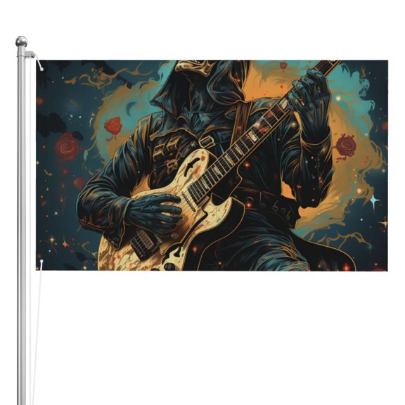 Skull Playing Guitar Heavy Metal Rock Skeleton Double Sided Flag 3x5FT Reversible Garden Flag Outdoor Decor for House, Porch, Lawn, Yard, Indoor Wall, Party Decoration