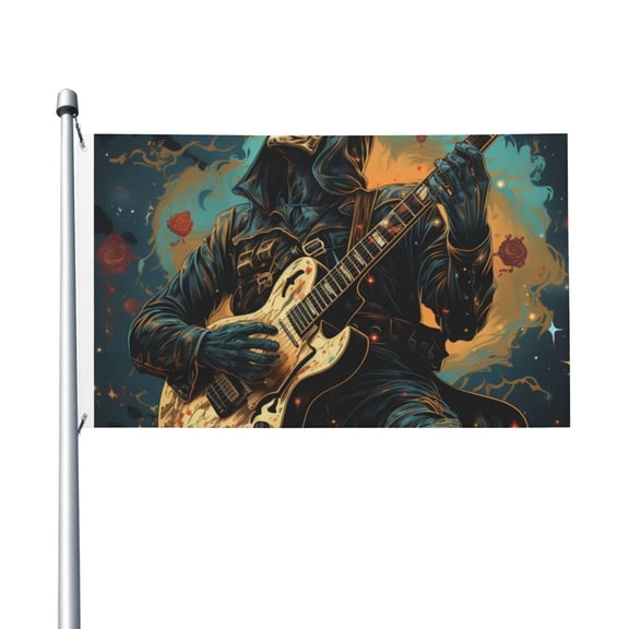 Skull Playing Guitar Heavy Metal Rock Skeleton Flag 3X5 Ft Garden Yard House Flags Banner Sign Outdoor Indoor Party Home Garden Decoration