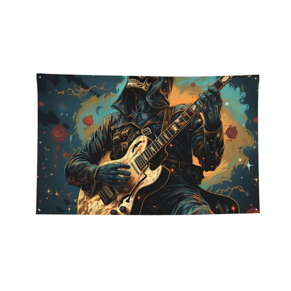 Skull Playing Guitar Heavy Metal Rock Skeleton Four Hole Decorated Banner Flag for Garden Yard Home Decoration Indoor Outdoor 2x3 Ft