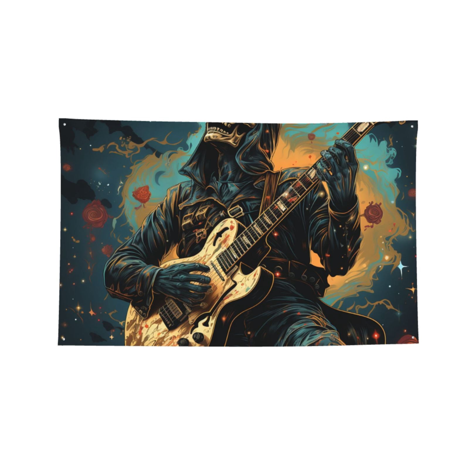 Skull Playing Guitar Heavy Metal Rock Skeleton Four Hole Decorated Banner Flag for Garden Yard Home Decoration Indoor Outdoor 4x6 Ft