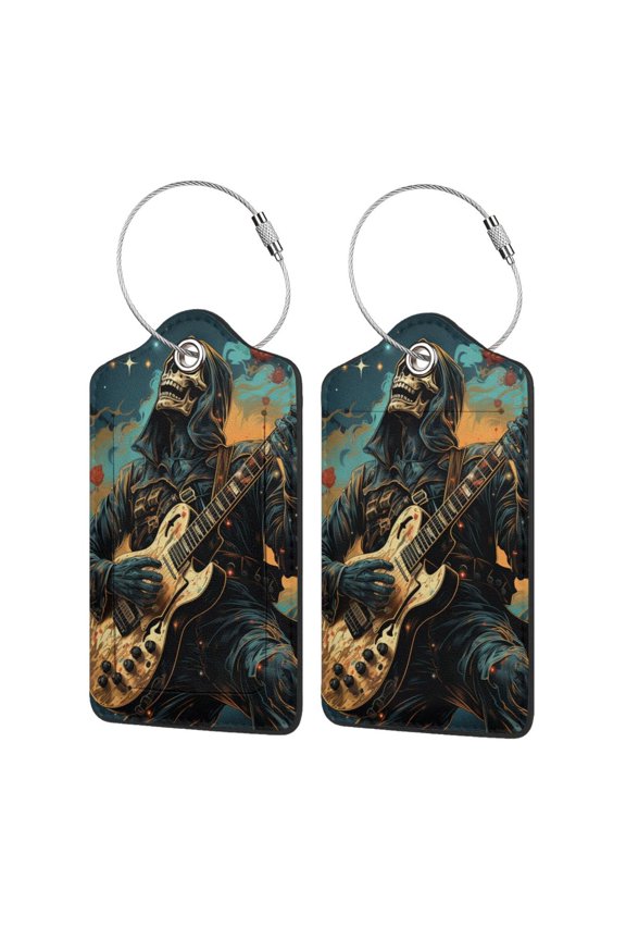 Skull Playing Guitar Heavy Metal Rock Skeleton Luggage Tag for Suitcase 2 Pack Leather Travel Bag Baggage Identifiers Privacy Cover ID Label