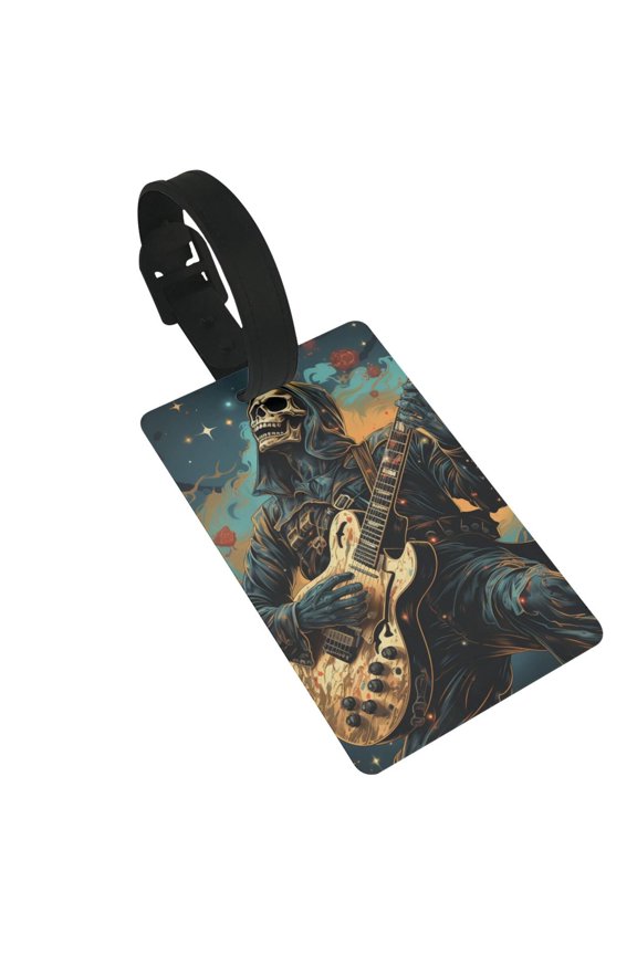 Skull Playing Guitar Heavy Metal Rock Skeleton Luggage Tags Suitcases ID Baggage Identifier Card Name Tag for Travel Backpacks Gym Bags