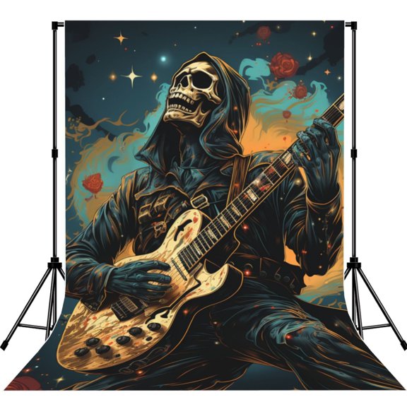 Skull Playing Guitar Heavy Metal Rock Skeleton Photography Backdrop 5x7Ft Background for Photo Studio Video Recording Birthday Party Wedding Home Decor