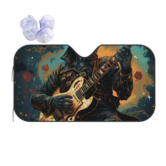 Skull Playing Guitar Heavy Metal Rock Skeleton Reflective Car Windshield Sunshade, UV Ray Reflector Sun Visor Universal Fit for SUVs, Trucks, Sedans,M