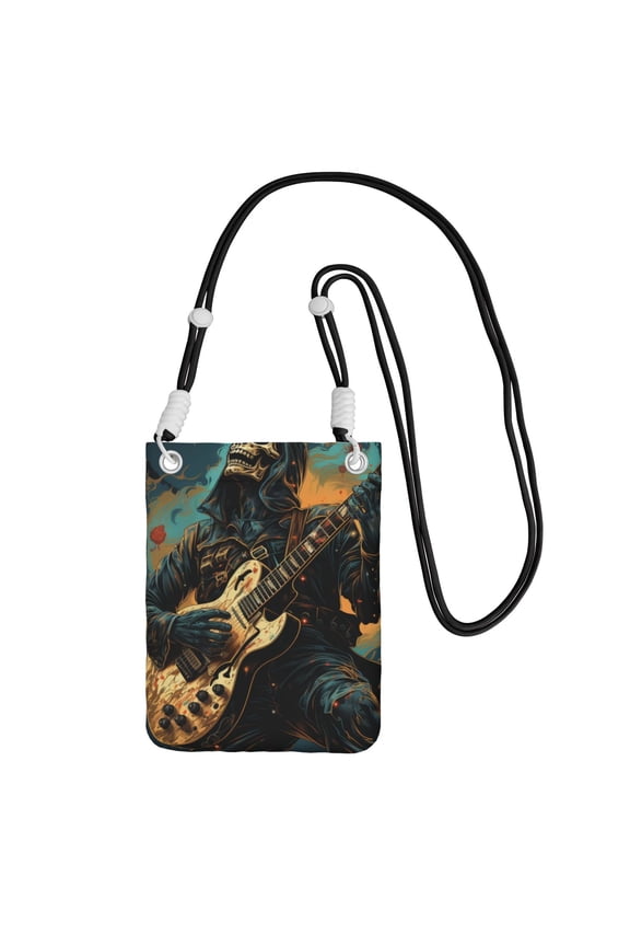 Skull Playing Guitar Heavy Metal Rock Skeleton Small Crossbody Phone Bag, Cell Phone Purse with Adjustable Removable Strap, Mini Travel Shoulder Pouch
