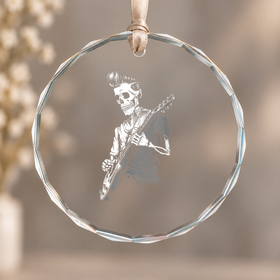 Skull Playing Guitar Hipster Guy Guitarist Christmas Ornament, Music Lover Holiday Gift, Circle Glass Ornament