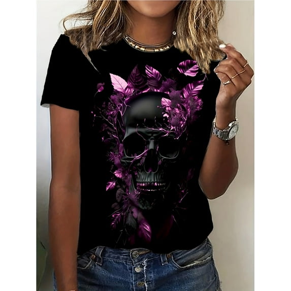 Skull Print Crew Neck T-Shirt, Casual Short Sleeve T-Shirt For Spring & Summer, Women's Clothing, Ladies Comfy Tees, Casual Sporty Tee, Summer Gifts